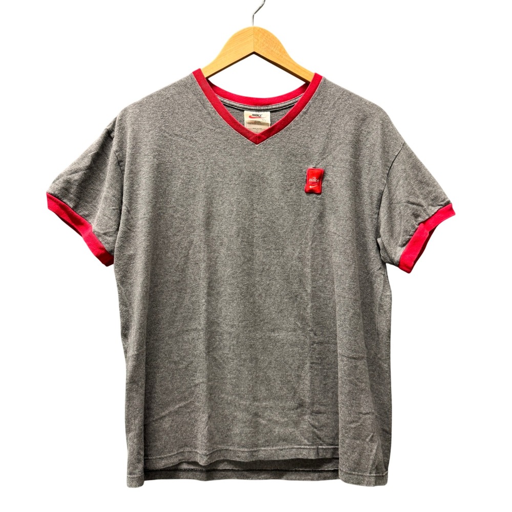 Vintage Nike T-Shirt Mens L V-Neck Ringer Gray Red Made in USA White Tag Tee